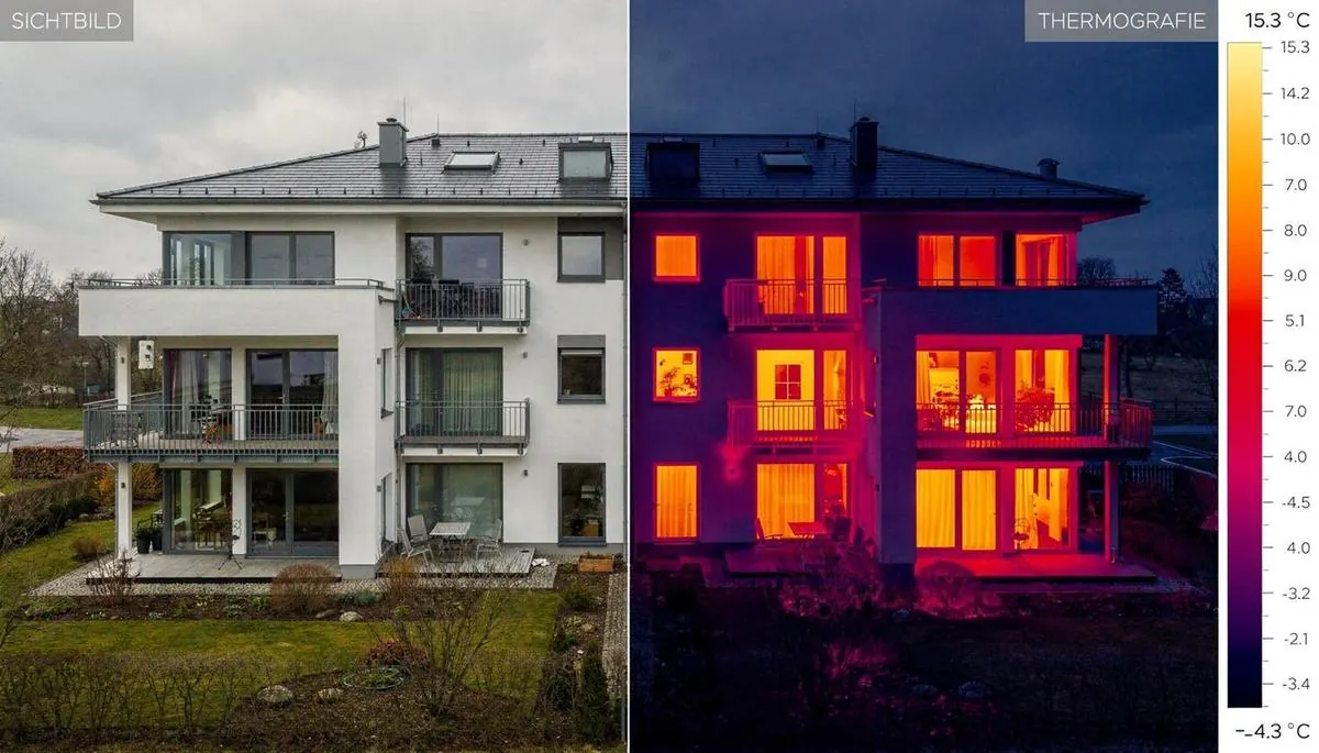 Wohngebäude im direkten Vergleich: links die Sichtaufnahme, rechts die Thermografie mit Temperaturskala